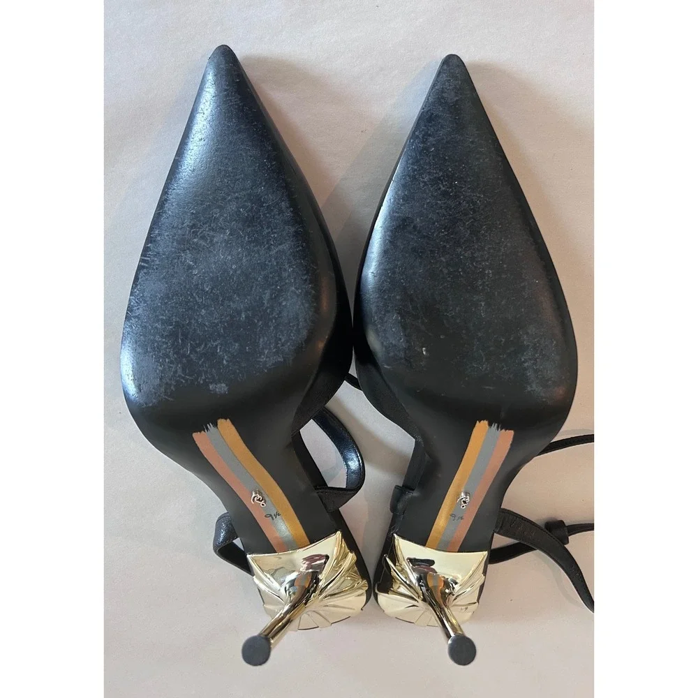 Sam Edelman Womens Black Leather Pointed Toe Slingback Gold Stiletto Heels 9.5